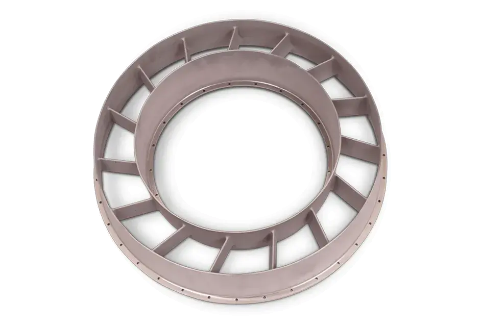 "Miniatura de palheta traseira de turbina (TRV) produzida em uma única peça na DMP Factory 500 com material LaserForm®Ni718 (A). "