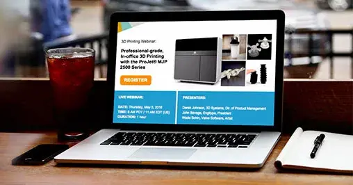 um laptop com informações do webinar da 3D Systems