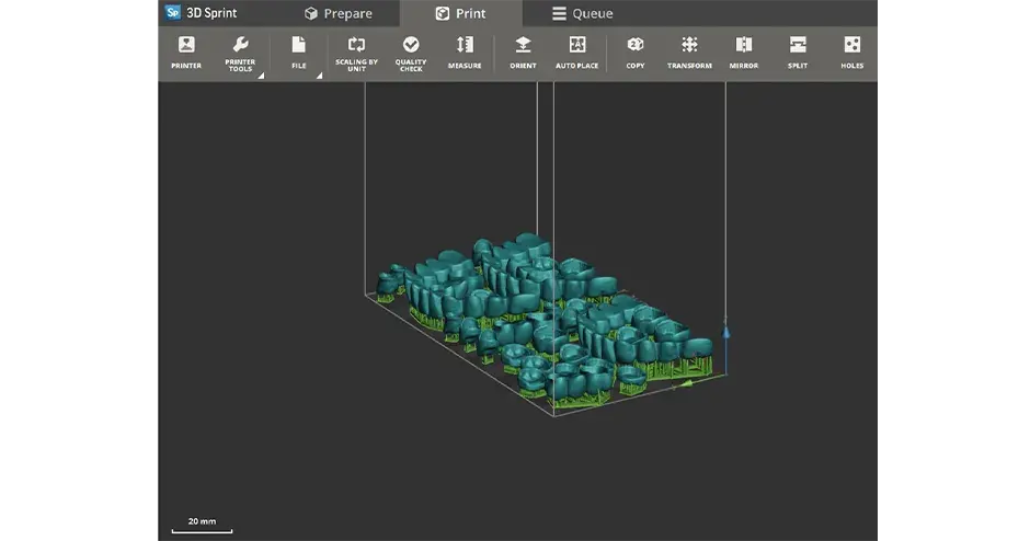 uma captura de tela da bandeja de impressão da 3D Sprint para peças dentárias