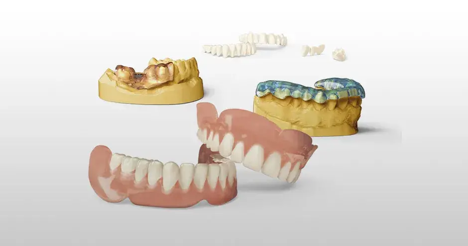 e uma variedade de próteses e trabalhos dentários acabados impressos em 3D