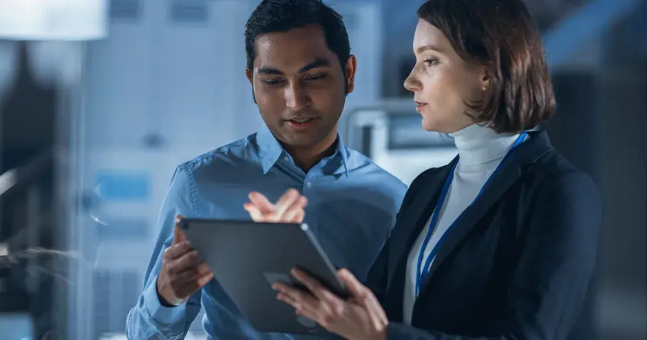 2 pessoas conversando e trabalhando em um tablet