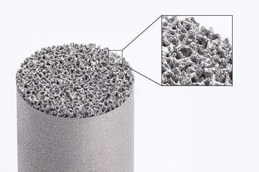 Vista interior de um dispositivo médico de metal impresso em 3D com estrutura porosa