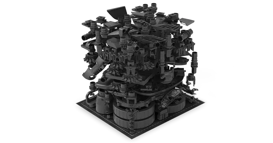 muitas peças impressas em 3D empilhadas umas sobre as outras para um processamento ideal