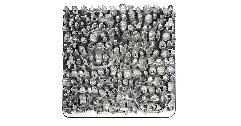 Uma placa de pontes de coroa dentária feita de LaserForm CoCr em uma impressora 3D DMP Flex 200