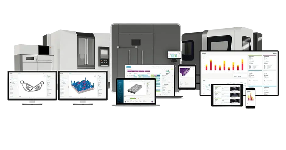 uma linha de áreas de trabalho com uma variedade de visualizações do software Oqton