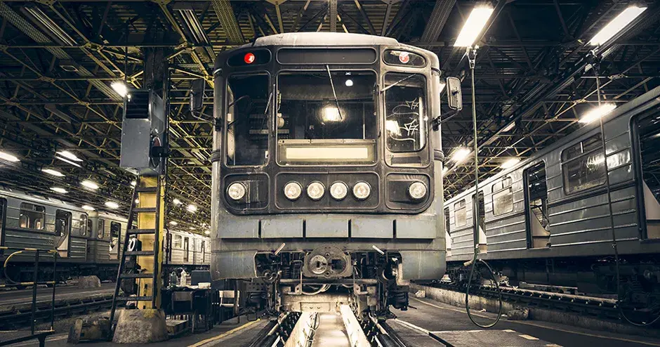 Trem de metrô atracado nos trilhos para manutenção