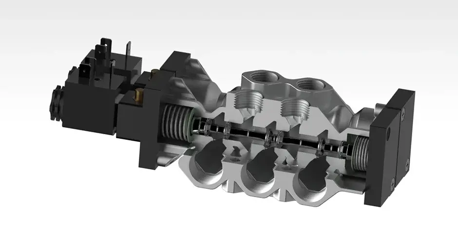 Corpo e coletor de válvula de metal integrado com vista da seção de corte projetado para o processo de fusão do leito de pó a laser (LPBF) 