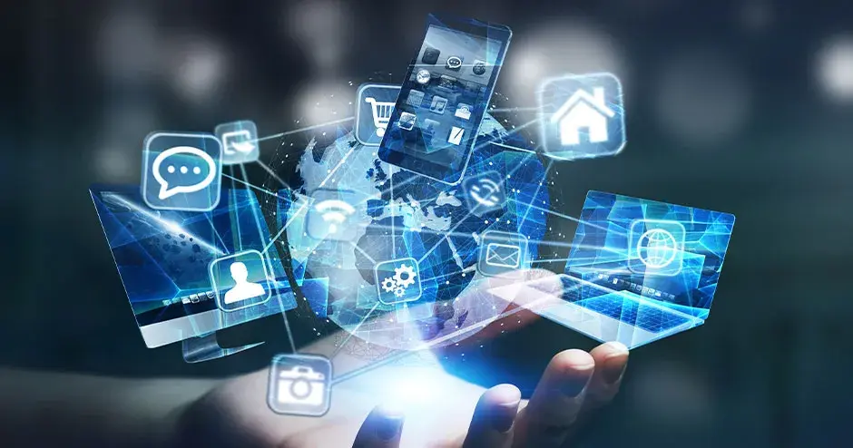 uma mão com gráficos técnicos surgindo com um brilho intenso