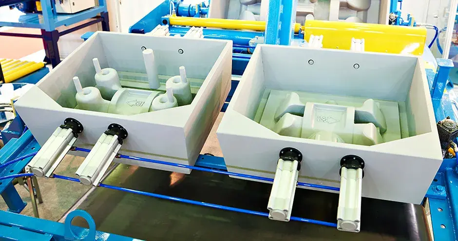 Molde de compressão e arrasto produzido com estereolitografia (SLA) sendo preparado para o processo de fundição em areia  