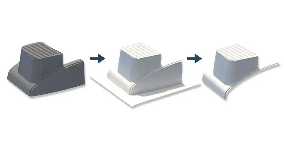 Um molde fabricado com aditivo usado para formar a vácuo volumes médios de uma tampa de pára-choques de trem impressa na Titan Atlas 3.6 com material de grânulos PC-GF10.