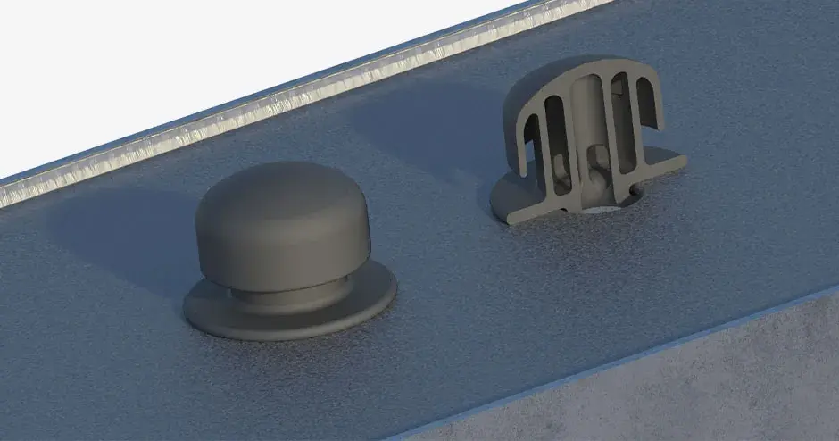 Conector de respiro e seção transversal de caixa de equipamentos impressos em 3D mostrando passagens internas.