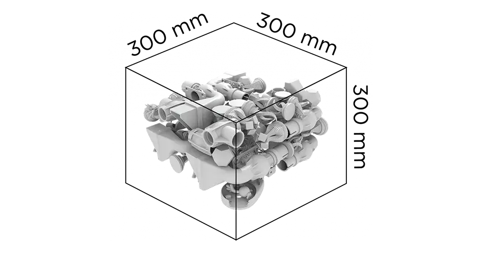 Um gráfico mostrando o volume de construção da impressora SLS 300