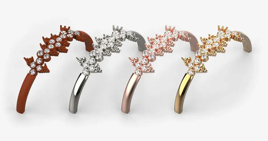 4 pulseiras feitas com o material de fundição VisiJet Ruby