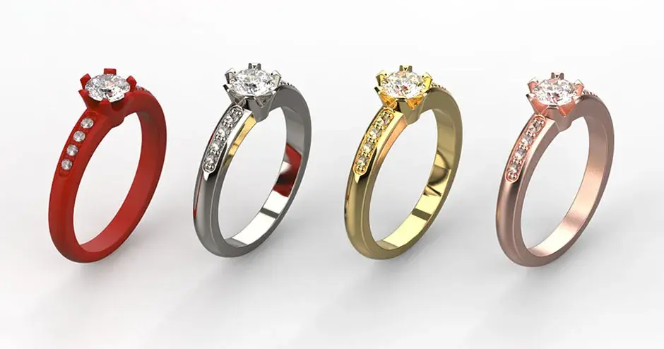 4 anéis, lado a lado, mostrando o processo de fundição