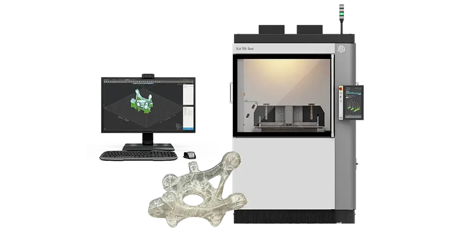 A 3D printer, a computer desktop, and a 3D printed part made with QuickCast Air package