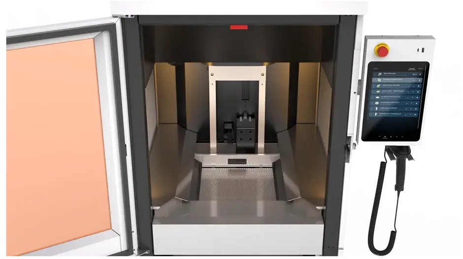 Impressora PSLA 270 3D aberta mostrando a interface do usuário do software