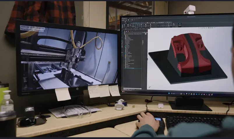 Uma pessoa olhando para um modelo CAD em monitores de computador 2