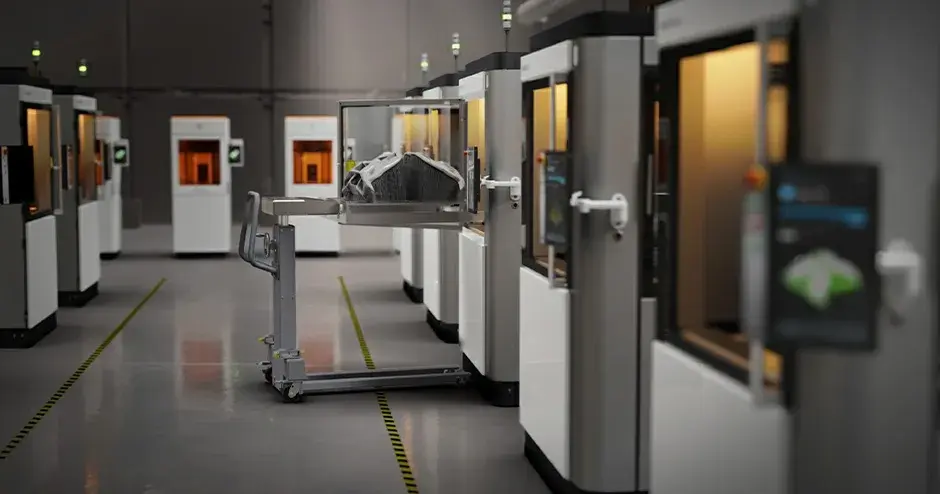 Row of printers in a factory